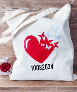 Tote bag mariage papillon avec coeur, papillons et date du mariage