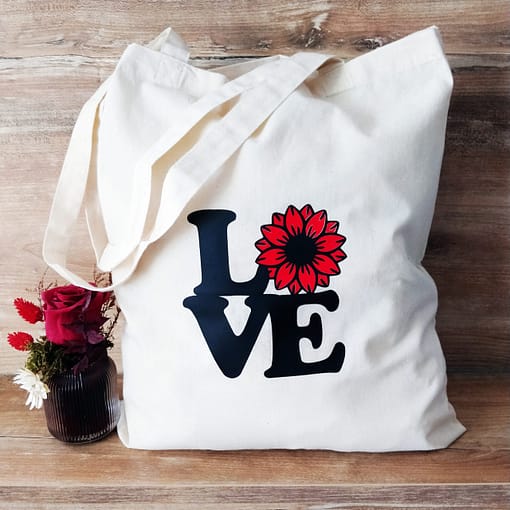 Tote bag personnalisé Love Fleur Noir et Rouge