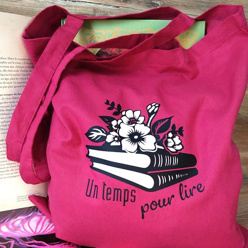 Tote bag original lecture - Un temps pour lire - Tote bag Framboise avec une customisation au flex
