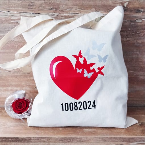 Tote bag mariage papillon avec coeur, papillons et date du mariage