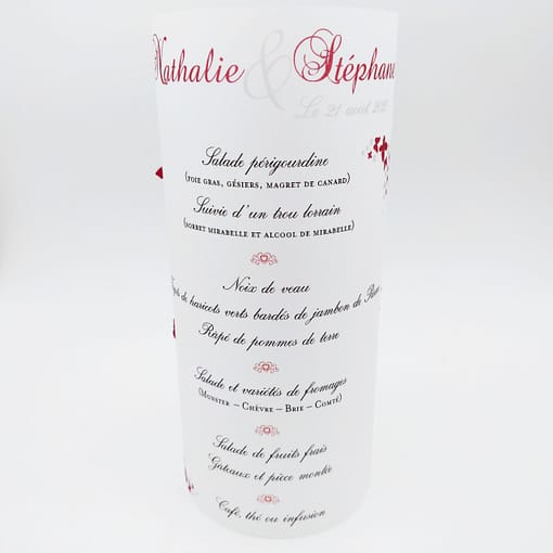 Menu photophore mariage Papillon rouge et blanc