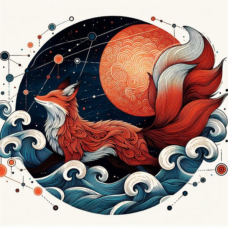 Kitsune marchant dans les vagues avec soleil couchant - Nouveau post KlrKrea - Trousse de toilette Sérénité Saphir