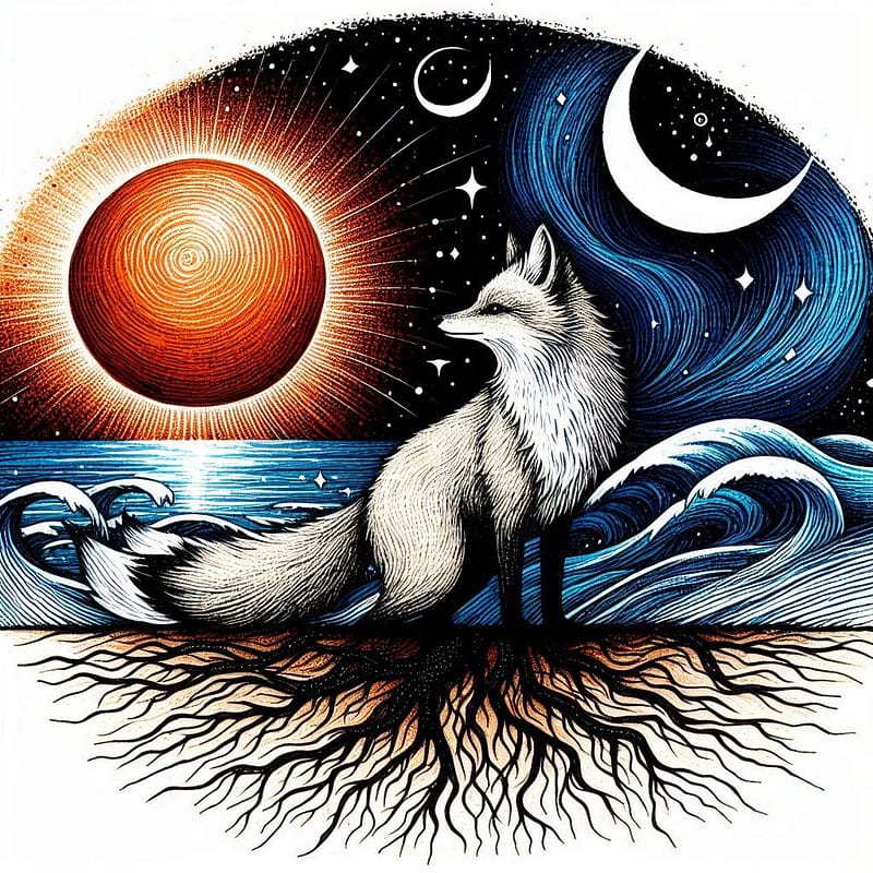 Les symboliques du Kitsune - Représentation d'un renard blanc dans la nuit, ancré à la terre par des racines - Trousse de toilette Kitsune