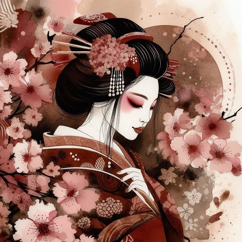 Geisha entourée de fleurs de cerisiers introduisant l'article sur le symbolique des Geisha