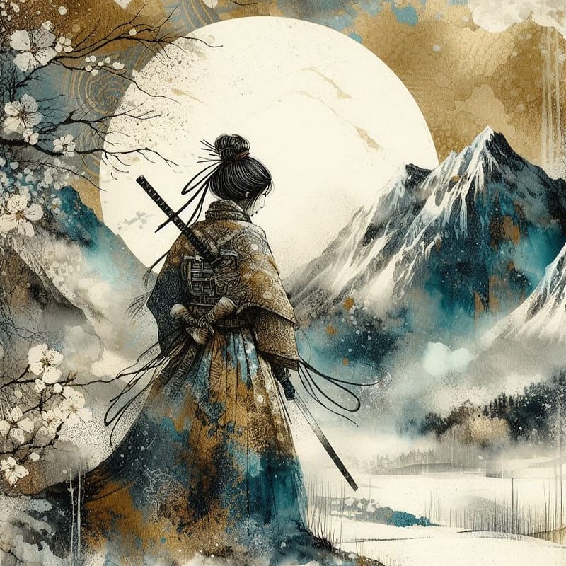 Illustration faite avec l'IA de la symbolique des Onna-Bugeisha, guerrières du Japon féodal - Box Onna Bugeisha