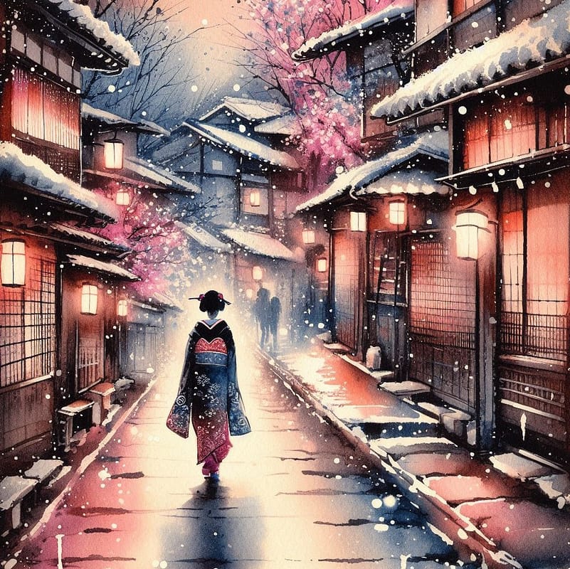 Geisha marchant dans une rue hivernale de kyoto - coffret geisha